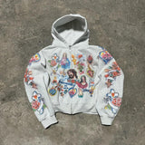Fongt 2025 Men's And Women's Hooded Sweatshirt Zipper Graffiti ID Card Print Long-Sleeved Hoodie Coat
