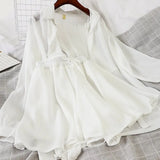 3 Piece Set Women Single Breasted Long Sleeve Shirts+Lace Up Stretch Waist Wide Leg Shorts+Pleated