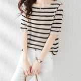 Striped Stylish Hollow Out Knitted T-shirt Female Clothing Casual O-Neck All-match Summer Commute Short Sleeve Pullovers-Outfit