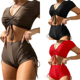 2022 New Split-Skinned Draw-Folding Rope Solid-Color Swimsuit