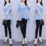 Lady Elegant V-Neck Butterfly Sleeve Shirt Loose Summer Casual Shirring Solid Color Female Clothing All-match Midi Blouse-Outfit