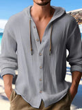 Fongt New Fashion Spring And Summer Men's Hooded Shirt Solid Cotton And Cotton Leisure Long-Sleeved Top.