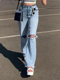 Washed High Waist Knee Ripped Jeans-Outfit