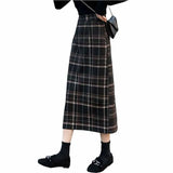 2020 Real Shot Woolen Cloth Plaid Skirt Women Autumn Winter Vintage High Waist Hem Split Slim Long Package Hip Skirts