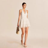 Fongt New Women's White Lace Dress French Sleeveless Hanging Neck V-Neck Dress