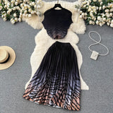 Blooming Printed Skirt Suit Women's New Thread Temperament Half-high Collar Top + Pleated Skirt Two-piece Set-Outfit