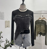 Design Feel Niche Cowboy Splicing Long-Sleeved Mesh T-Shirt Girl Summer Round Collar Dress Short Top