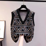 Jacquard Sweater Vests Tops Women Casual Print Knitted Sleeveless Pullover Korean Fall Winter 2023 Knitwear