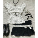 Lace Fungus Slim Fit Short Sleeve Tops Women+ Y2k High Waist Bow Patchwork Skirts 2024 Summer New Two Piece Sets-Outfit