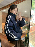 Navy Blue Bow Stripe Puffer Jacket-Outfit