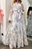 Fongt Women's Chiffon Print Dress Open Shirt Swing Belt Fashion Broken Flower Long 8072