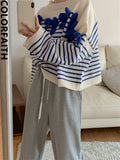 New 2022 Chic Korean Fashion Bow Striped Sweaters Knitted Women Autumn Winter Oversized Elegant Short Tops