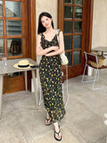 Fongt Xixi 2025 Summer New Korean Version Of High-Waisted Holiday Sling Dress V-Neck Print Pure Desire Skirt 88340