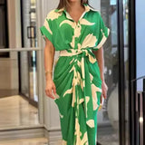 Fongt Summer Single Buckle Long Shirt Women's Printed Short-Sleeved Dress