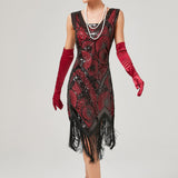 Sequin Beaded Art Deco Flapper Dresses 20s Great Gatsby Party Fringe Dress V-Neck Sleeveless Embroidery Midi Dress-Outfit