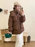 Half-Round Button Short Down Jacket Female 2024 Winter New Hat Add Thick Waist Show Thin Overalls Warm Coat-Outfit