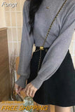 Knitted Sweater Women Harajuku Lantern Sleeve Solid Mock Neck Pullover Autumn Underwear Basic Sweet
