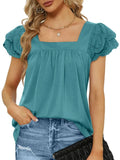 Double-layer Lace Short Sleeve Blouse Square Collar Elegant Women Shirt 2023 Sweet Women Clothing Solid Loose Tops