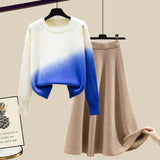 Women Autumn Winter Warm Knitted Two Pieces Sets Korean Long Sleeve Pullover Sweater Top And High Waist Knitting Skirts