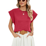 2024 New Round Collar Solid Color Shoulder-Inserted Sleeve Casual T-Shirt-Outfit