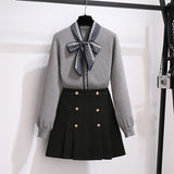Ladies Elegant Two Pieces Set Korean Bow Collar Long Sleeve Knitted Sweater Top And Black A-line Midi Skirts