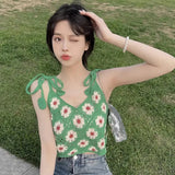 Daisy Contrast Color Women's Crop Top Floral Sleeveless Cami Vest Scoop Neck Loose Beach Crop Tank Top-Outfit