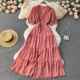 Retro Court Lace Lace V-Collar High-End Dress Waist Short-Sleeved Single-Breasted Long Skirt-Outfit