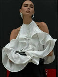 White High Neck Ruffled Cut Out Shirt-Outfit