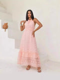 Fashion Hanging Neck Three-Dimensional Flower Cake Showback Dress 2025 Spring And Summer