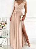 Women's Elegant Evening Party Long Dress Sleeveless Lace Luxury Backless High Slit Female V-neck Dress Vestidos De