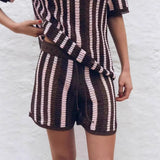 Fongt New Striped Collar Short Sleeve Loose Blouse High-Waist Three-Point Shorts Knitwear Two-Piece Set