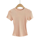 Trend Women's Wear Thread Slim Short-Sleeved T-Shirt Sexy Round Collar Solid Color Shoulder Show Thin Short Navel Blouse-Outfit