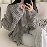 Cable Knit Loose Zip Up Cardigan-Outfit