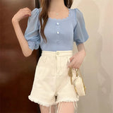 Fongt Korean Version Of The Small Fragrant Collarbone Design Shirt Short Bubble Sleeve Ice Silk Knitted Short-Sleeved T-Shirt