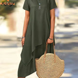 Women's Short Sleeve Round Neck Casual Asymmetric Hem Solid Color Midi Dress Chic and Elegant Woman Dress Women