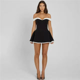 Black Flare White Off-shoulder Mini Dress-Outfit