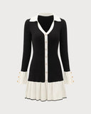 Fongt 2025 New Short Dress Women's Fashion Lotus Side Knitted Dress Long-Sleeved Little Scented Style Dress