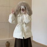 Korean Version Temperament Down Jacket Female Short Money 2024 Winter New Add Thick Fox Hair Collar Collect Waist Show Thin White Duck Down Coat-Outfit