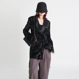 Fongt 2024 New V-Neck Long Sleeve Sequin Ostrich Splicing Suit Jacket-Outfit