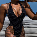 Sale Fishnet Bling Crystal Diamonds Dress Grid Sleeveless O Neck Sexy See Through Women Skinny Mini Dresses Night