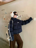 Navy Blue Bow Stripe Puffer Jacket-Outfit