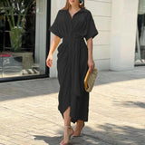 Fongt 2024 New Women's Dress With Waist Short Sleeve Single Breasted Solid Color Shirt