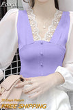 Fashion Lace V-neck Hollow Out Patchwork Button Shirt New Summer Autumn 2023 Long Sleeve Pullovers Women's Clothing