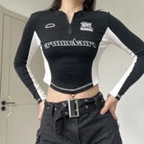 Color Spliced Zipper Slimming To Show Thin Function Irregular Blouse 2024 Printed Spice Girl Long-Sleeved T-Shirt-Outfit
