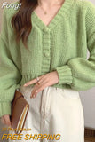 Knitted Short Jacket Women Sweaters Cardigan Solid V Neck Lantern Sleeve Button Fashion Soft Autum Cropped