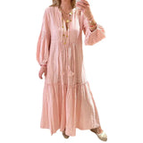 Fongt Spot 2024 Autumn New Women's Fashion V-Neck Bubble Sleeve Bohemian Cotton Linen Dress-Outfit