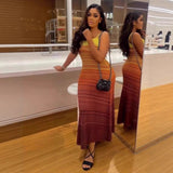 Fongt Retro Gradient Striped Knitted Dress Sleeveless Sling Skirt Slime-Skinny Sweater Skirt