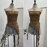 Thai Hottie Sexy Hollow Lace Tradious Sleeveless Top Irregular Ribbon Vest