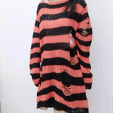 Fongt Version Of The Hollow Hole In The Long Sweater Female Lovers Stripes Loose Color Dark Versatile Knit Niche-Outfit