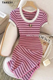 Women Short Sleeve Round Neck Striped Luxury Sheath Mini Dresses 2023 Summer Patchwork High Waist Slim Fit Knitting